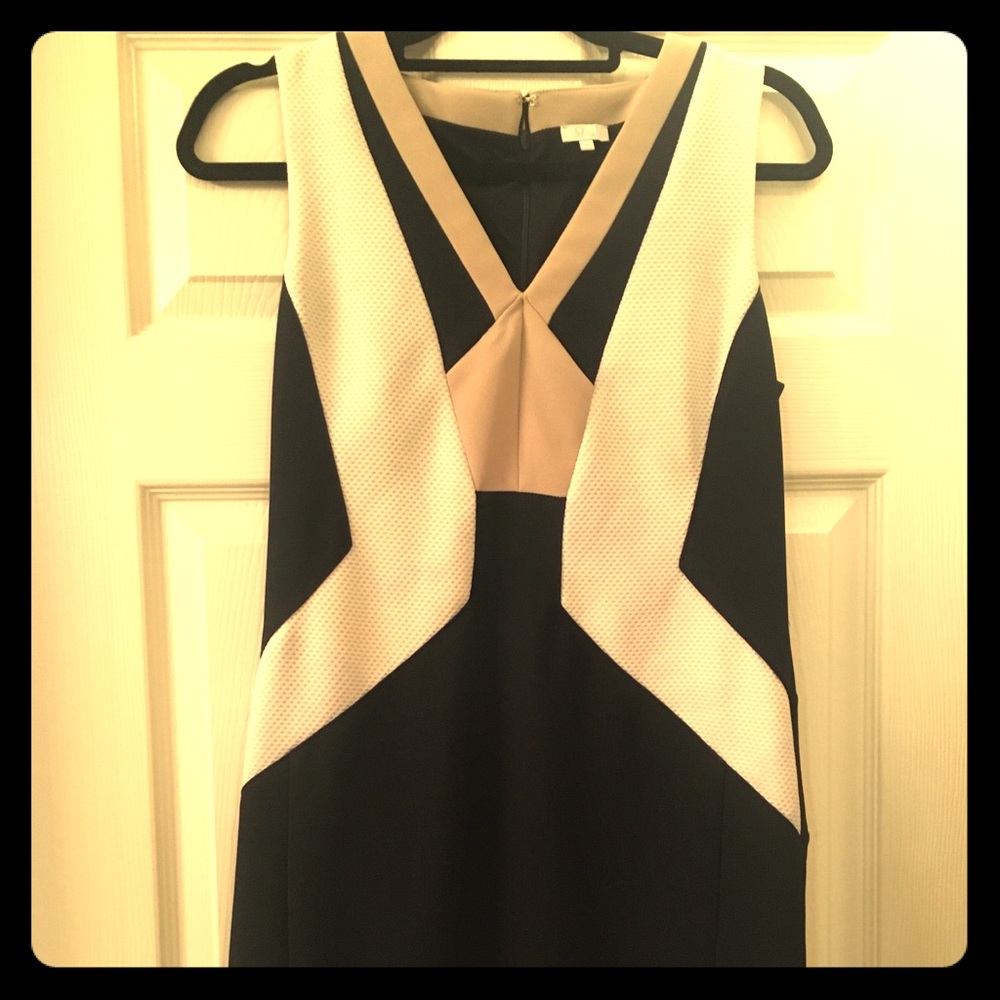 Navy blue dress with white and cream accent